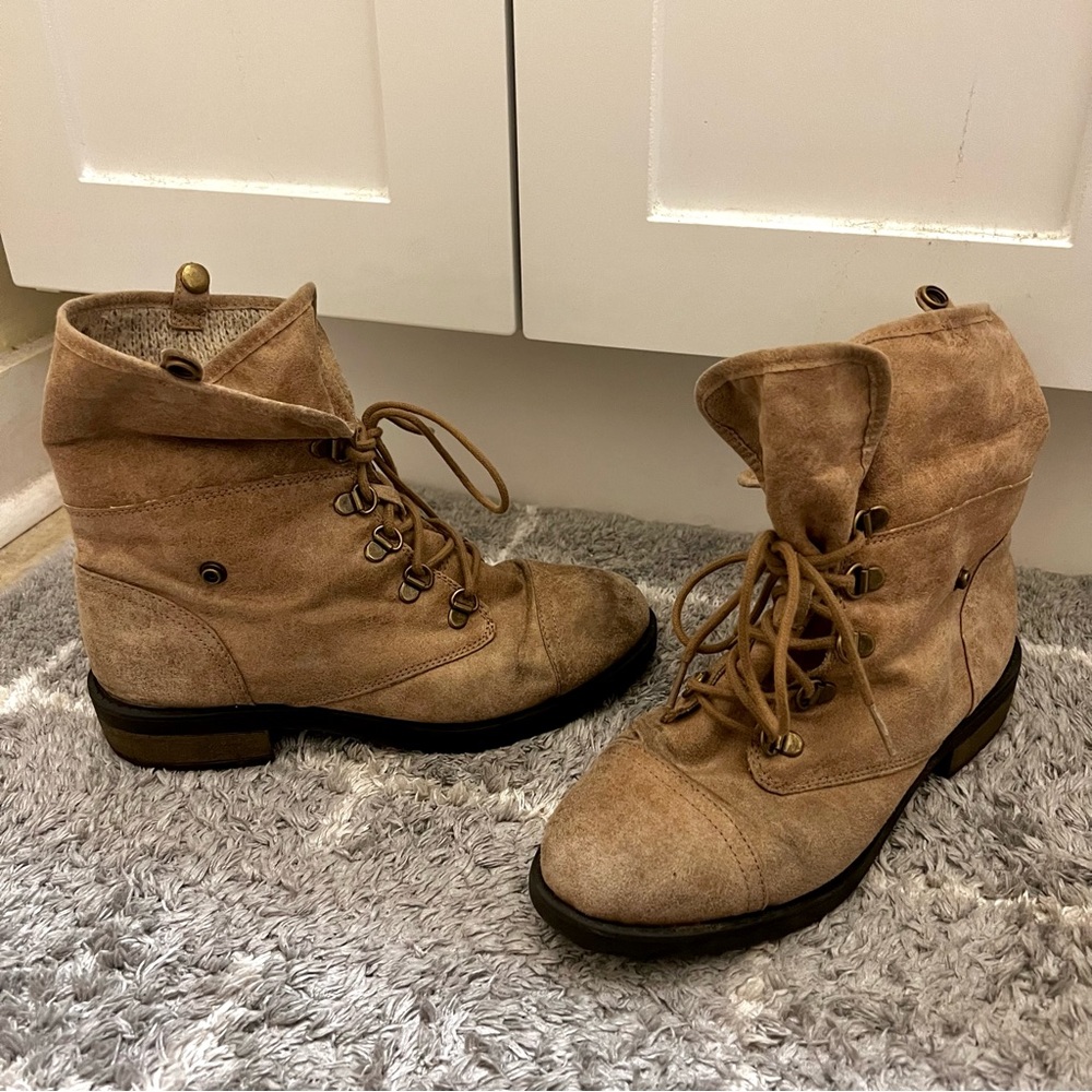 Brown Tan Ankle Boots Combat Boots lace up versatile adjustable 2 in 1 button - Picture 7 of 12